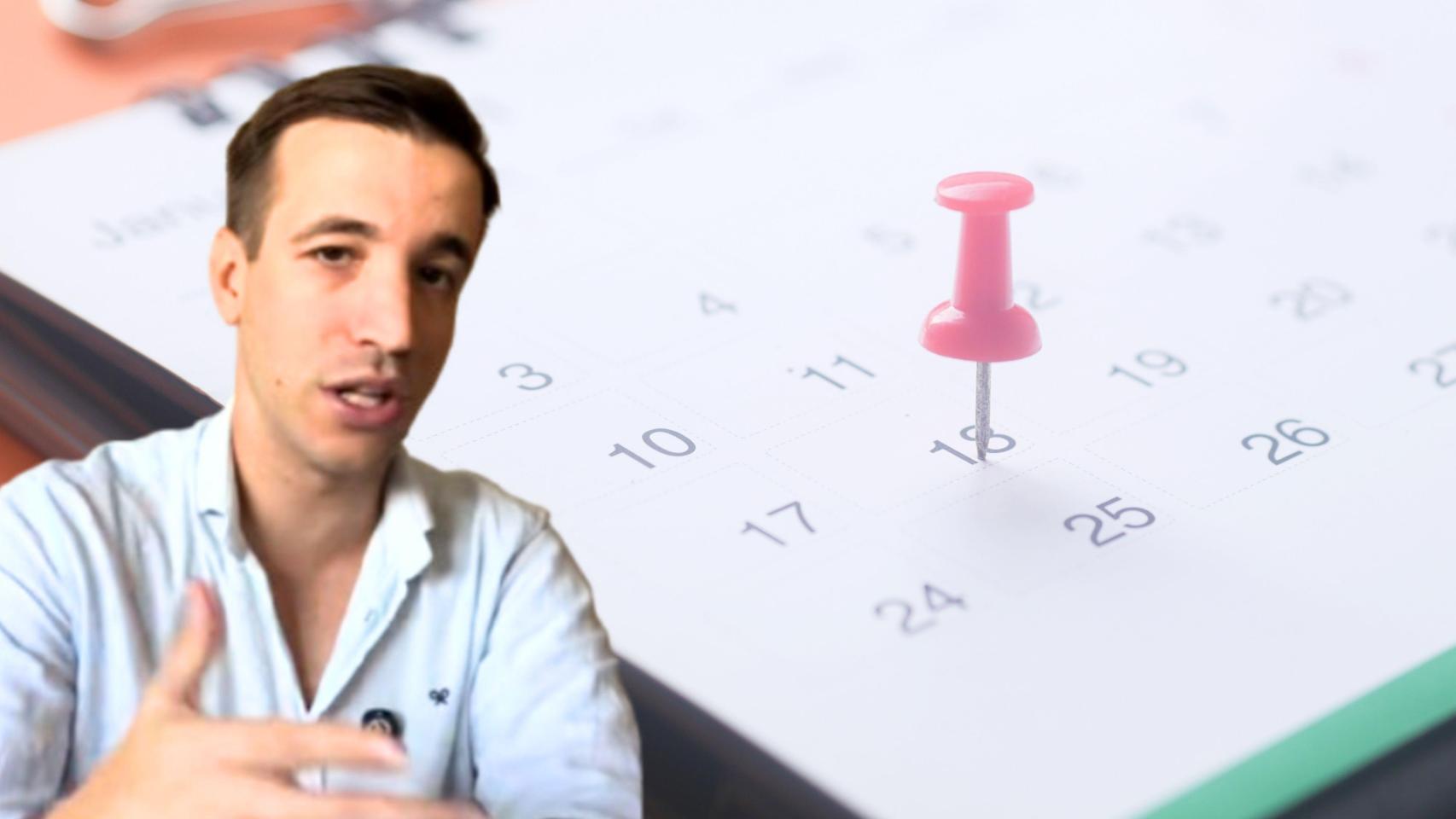 Juanma Lorente, abogado laboralista, en un montaje con un calendario.