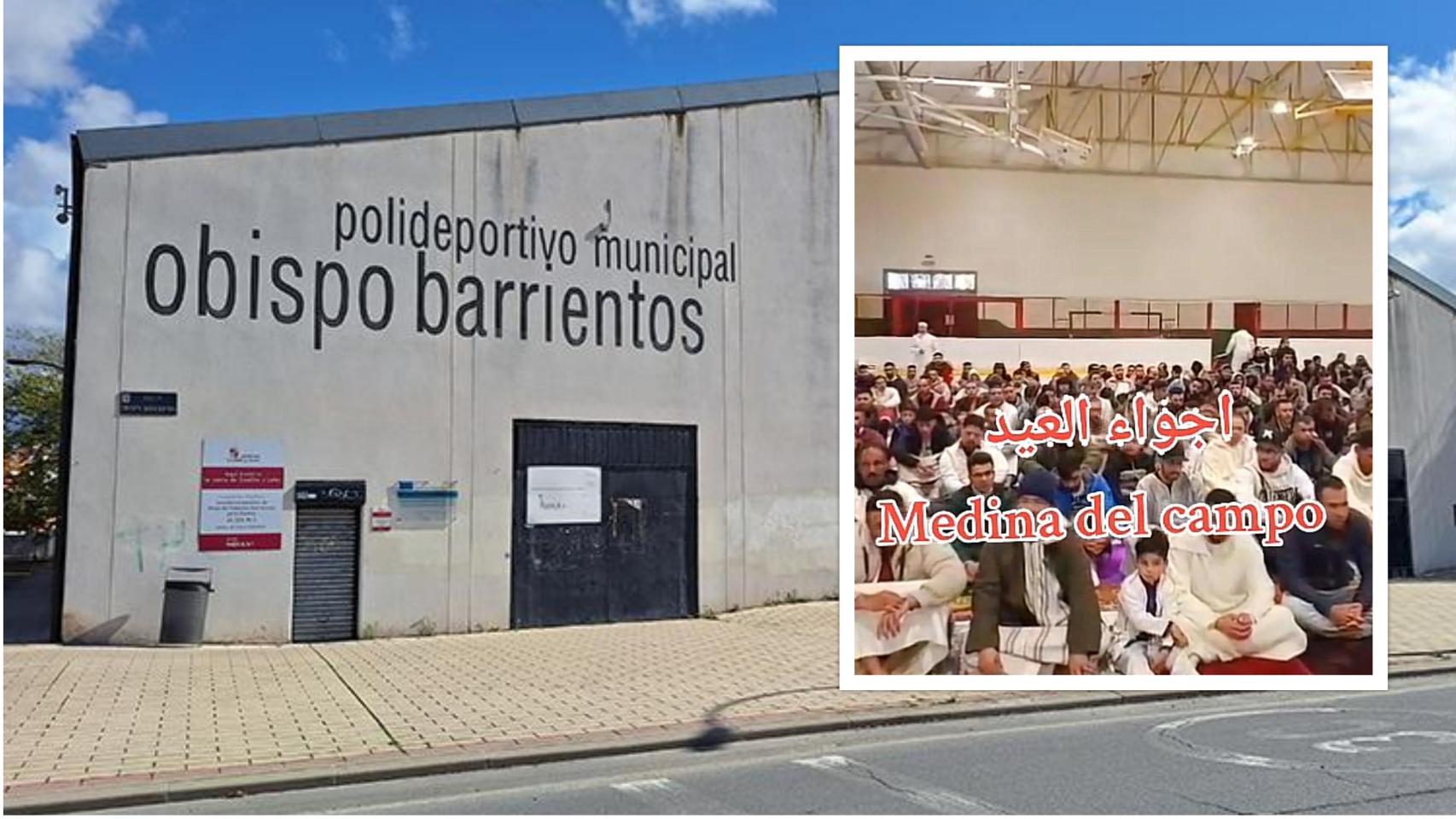 Polideportivo Barrientos en Medina del Campo junto a una imagen obtenida de redes sociales de ese día