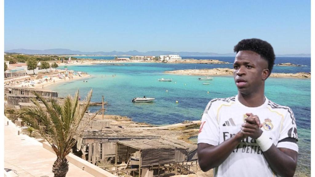 Montaje de Vinicius y el pueblo de Es Pujols.