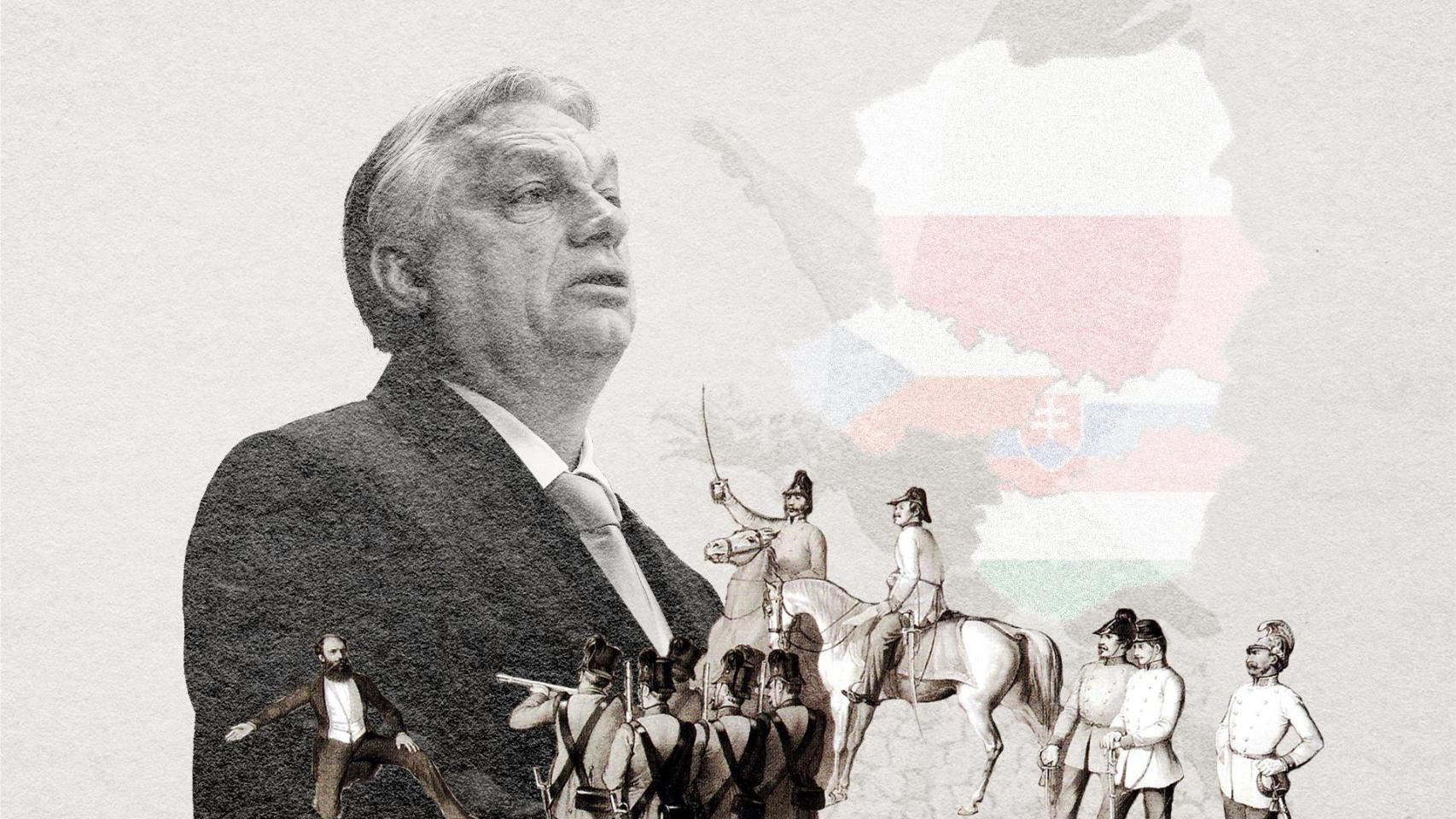 Viktor Orbán con una ilustración de la revolución de 1848 y los países que históricamente han pertenecido al Grupo de Visegrado de fondo. Diseño: Rubén Vique