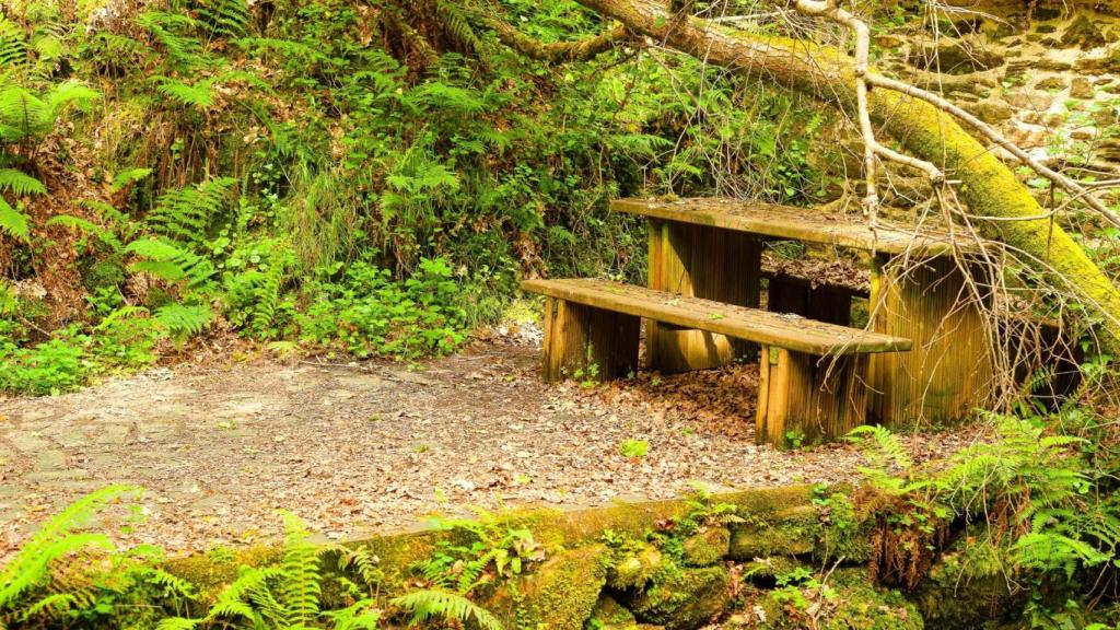 Espacio para descanso en la senda dos Muíños Do Río Medio, en Miño