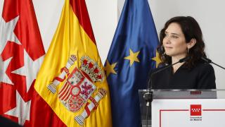 La presidenta de la Comunidad de Madrid, Isabel Díaz Ayuso, en el encuentro que ha mantenido hoy, en Bruselas, con directivos y representantes de empresas españolas.