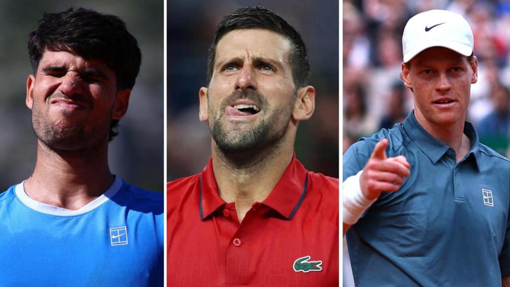 Alcaraz, Djokovic y Sinner, en un fotomontaje.