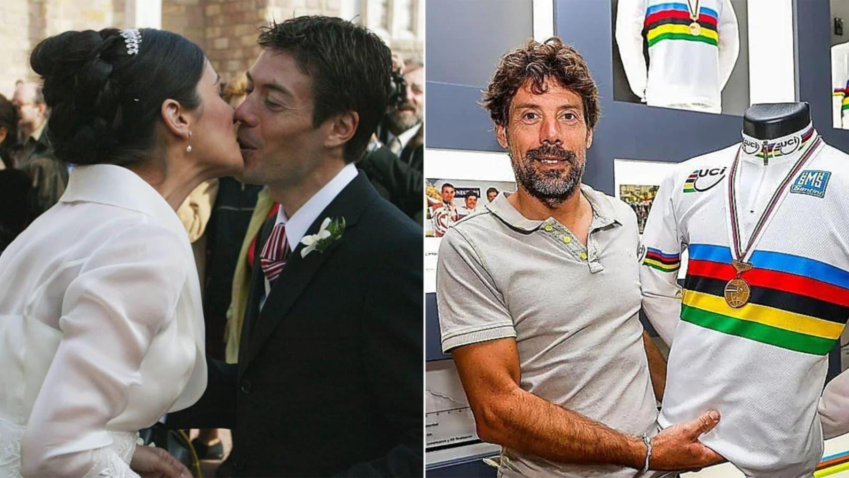A la izquierda, una foto de la boda de Óscar Freire y Laura Cobo, y a la derecha, el ciclista mostrando uno de sus maillots arcoíris de campeón del mundo.