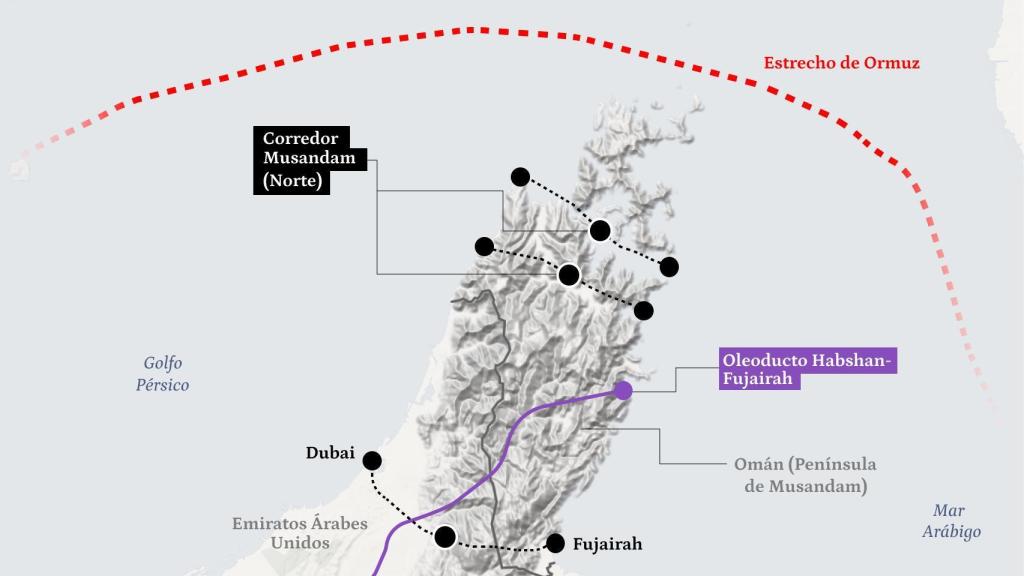 Las alternativas teóricas al estrecho de Ormuz son el Canal del Rey Salmán, en Arabia Saudí, y el Canal de Musandam, en la frontera de Omán y Emiratos Árabes Unidos.