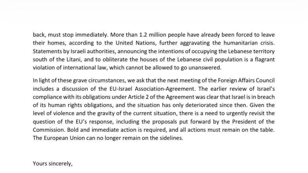 Fragment of the letter sent by Spain, Ireland and Slovenia to Brussels, in which they ask to debate the suspension of the Agreement with Israel