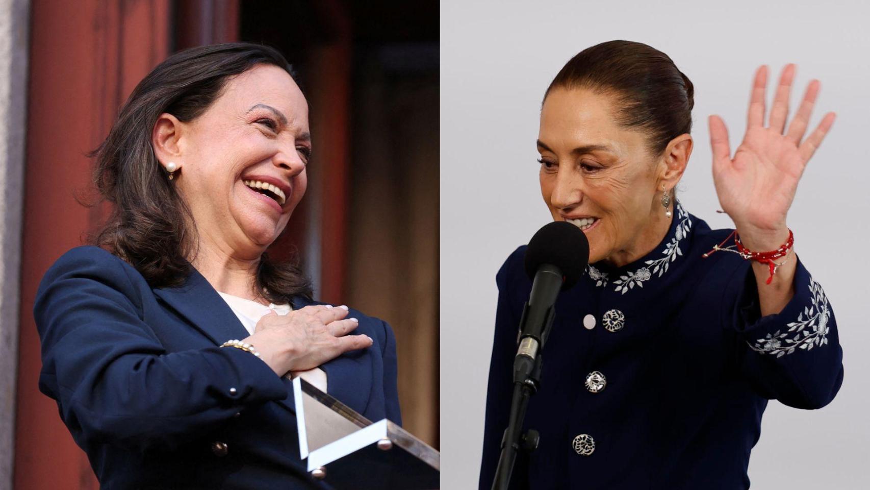 De izquierda a derecha, la líder de la oposición venezolana y ganadora del Premio Nobel de la Paz, María Corina Machado; y la presidenta de México, Claudia Sheinbaum.