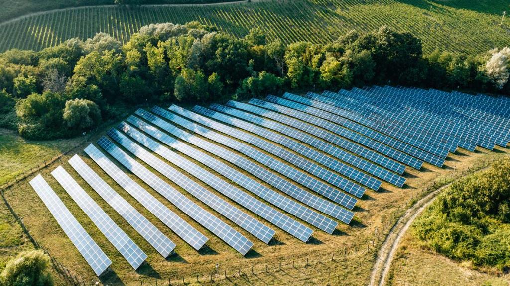 Vista aérea de una granja solar en el campo.