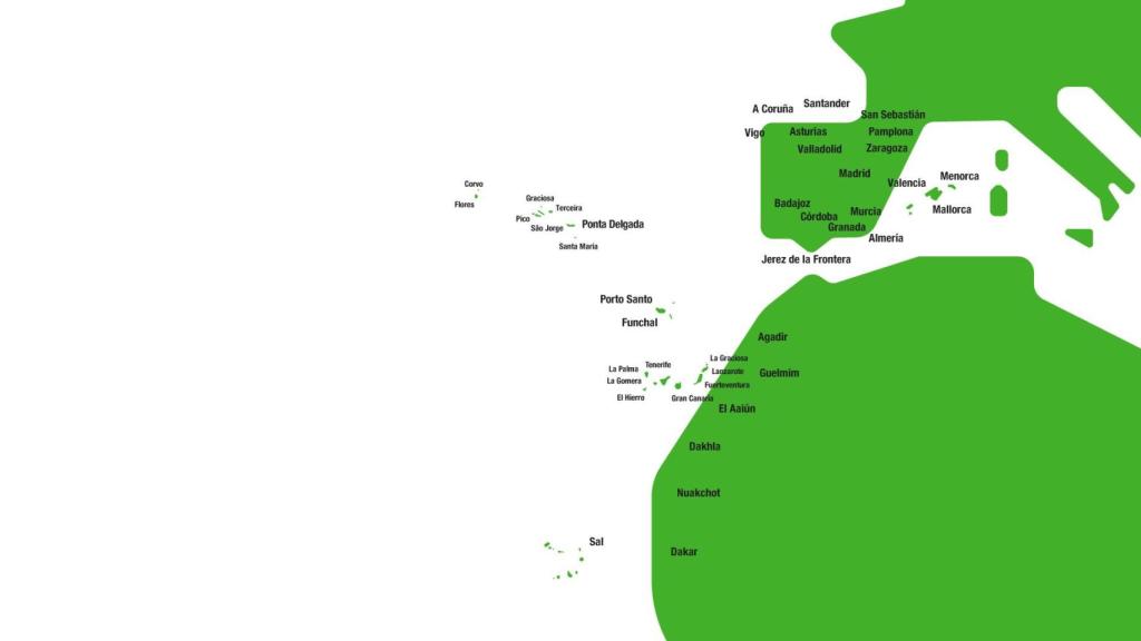 Red de destinos de Binter Canarias en 2026: una malla que no solo vertebra el archipiélago y la Península, sino que se extiende con especial densidad sobre el noroeste africano —de Agadir a Dakar, pasando por Dajla o Nuakchot—, consolidando a Canarias como uno de los principales nodos aéreos europeos hacia África occidental.