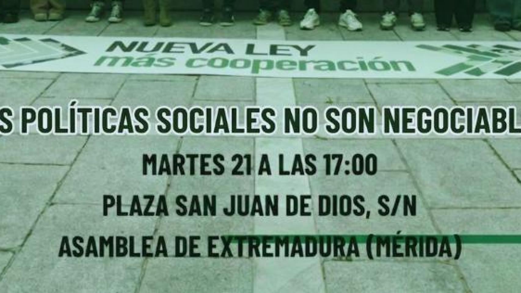 Cartel que anuncia la convocatoria de la manifestación este martes frente a la Asamblea de Extremadura.