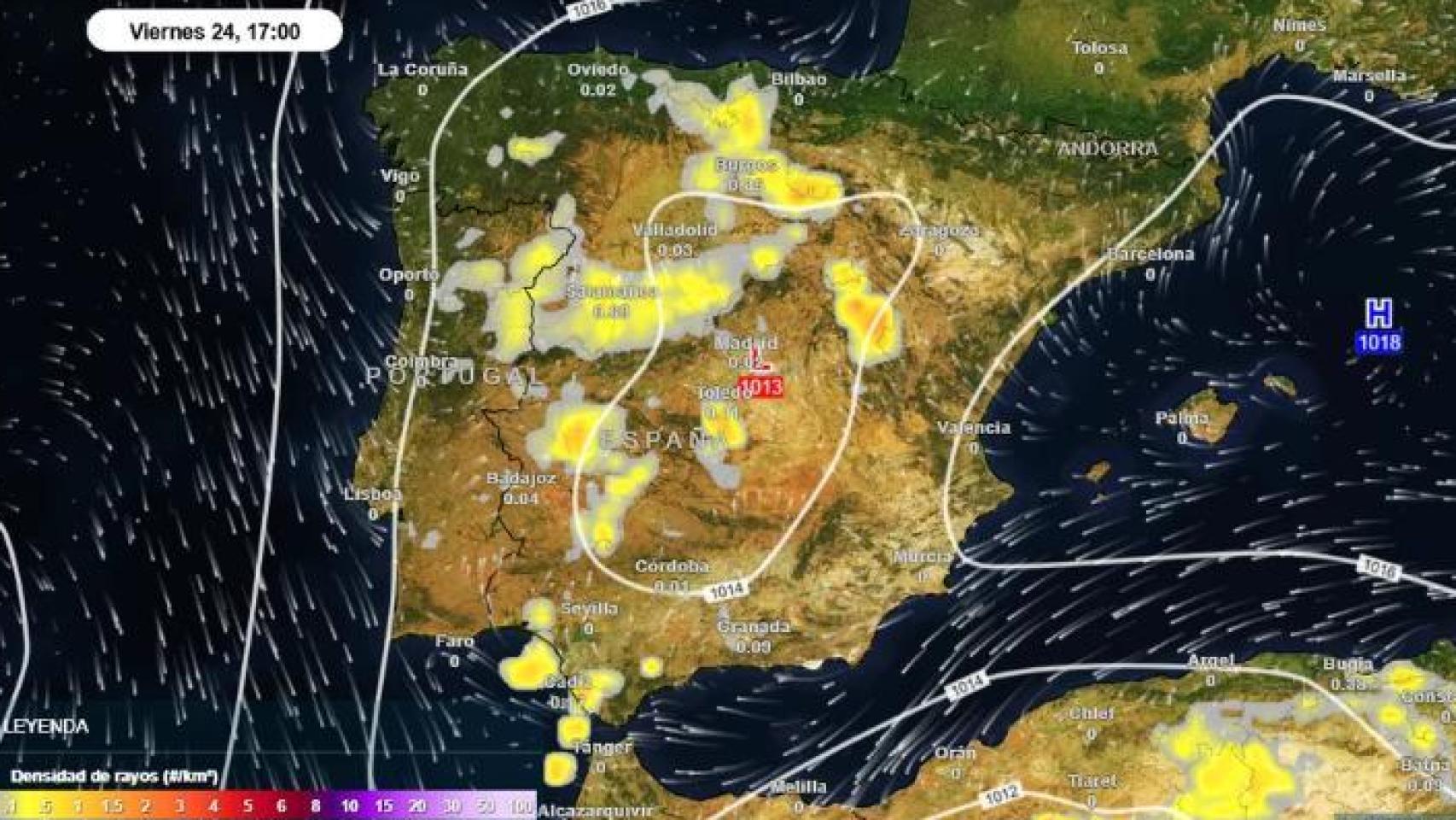 Densidad de los rayos durante la tarde del viernes. Foto: Meteored.
