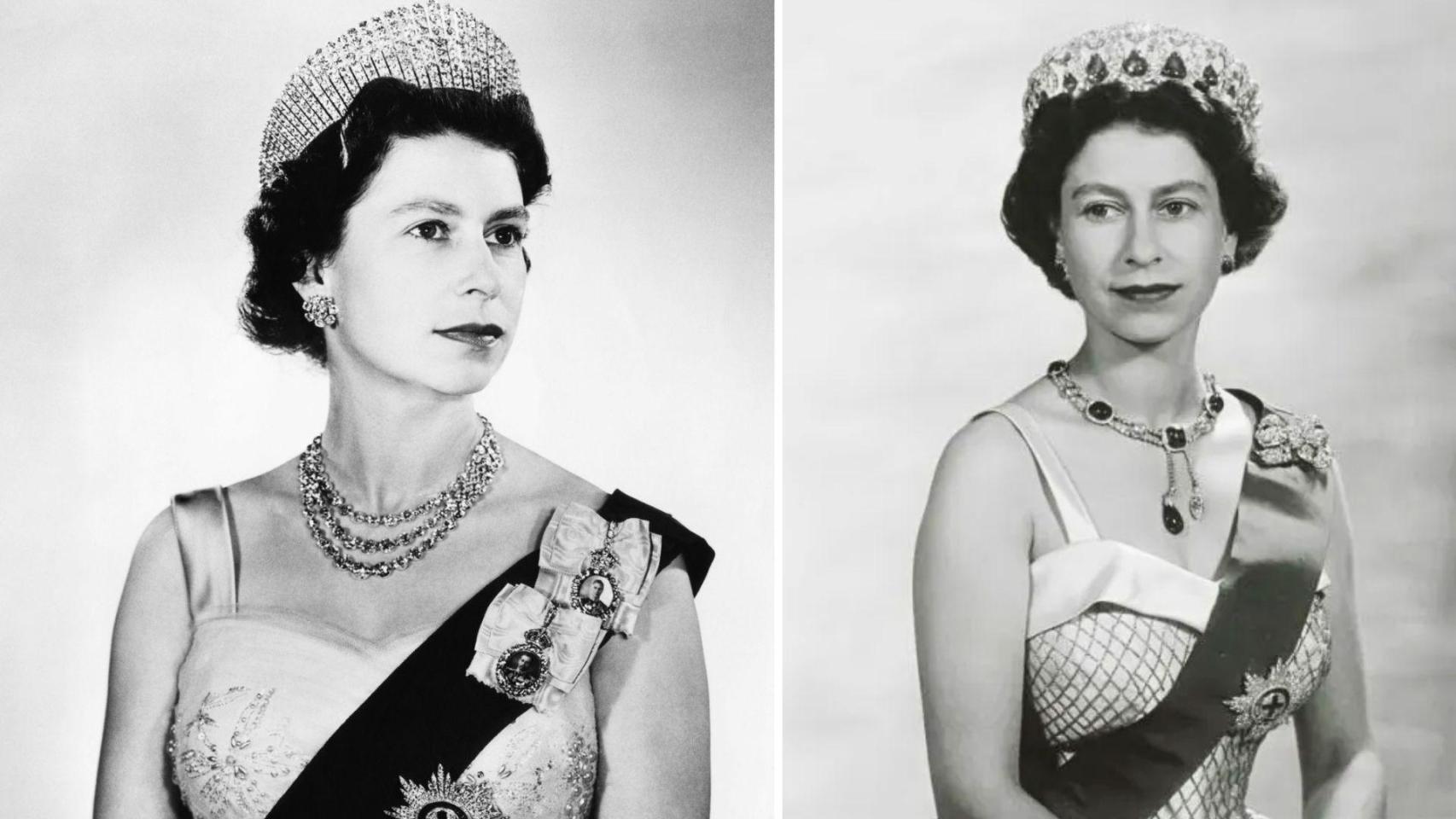 Isabel II, en dos retratos oficiales con algunas de sus joyas más representativas.