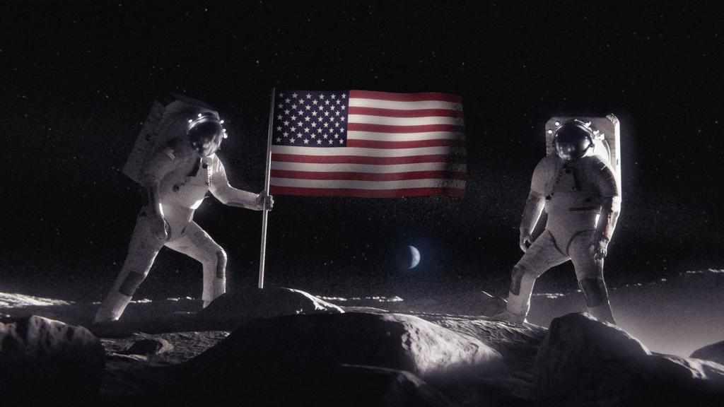 Dos astronautas plantan una bandera estadounidense en la Luna en una representación artística