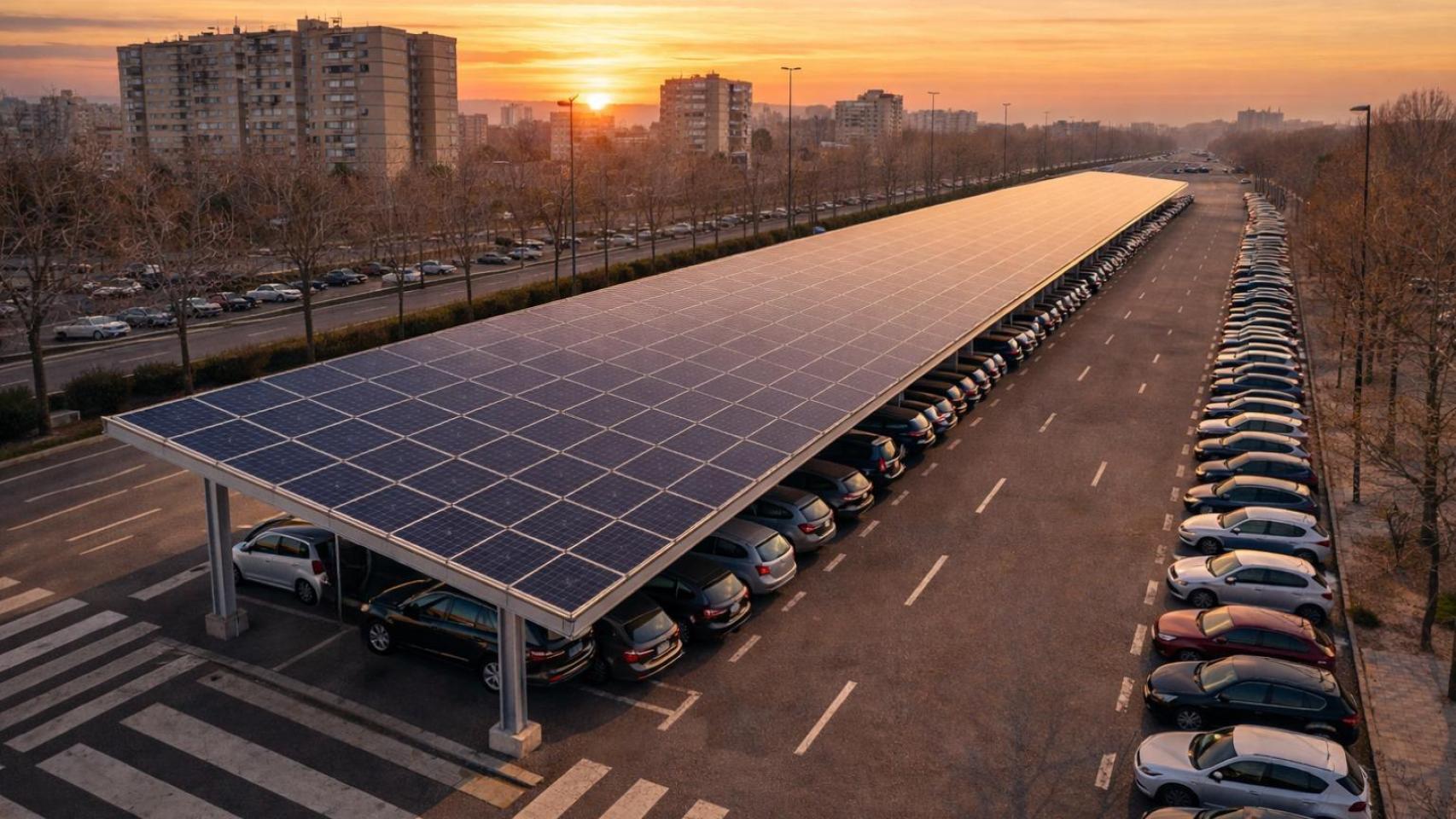 Marquesinas fotovoltaicas en una recreación.