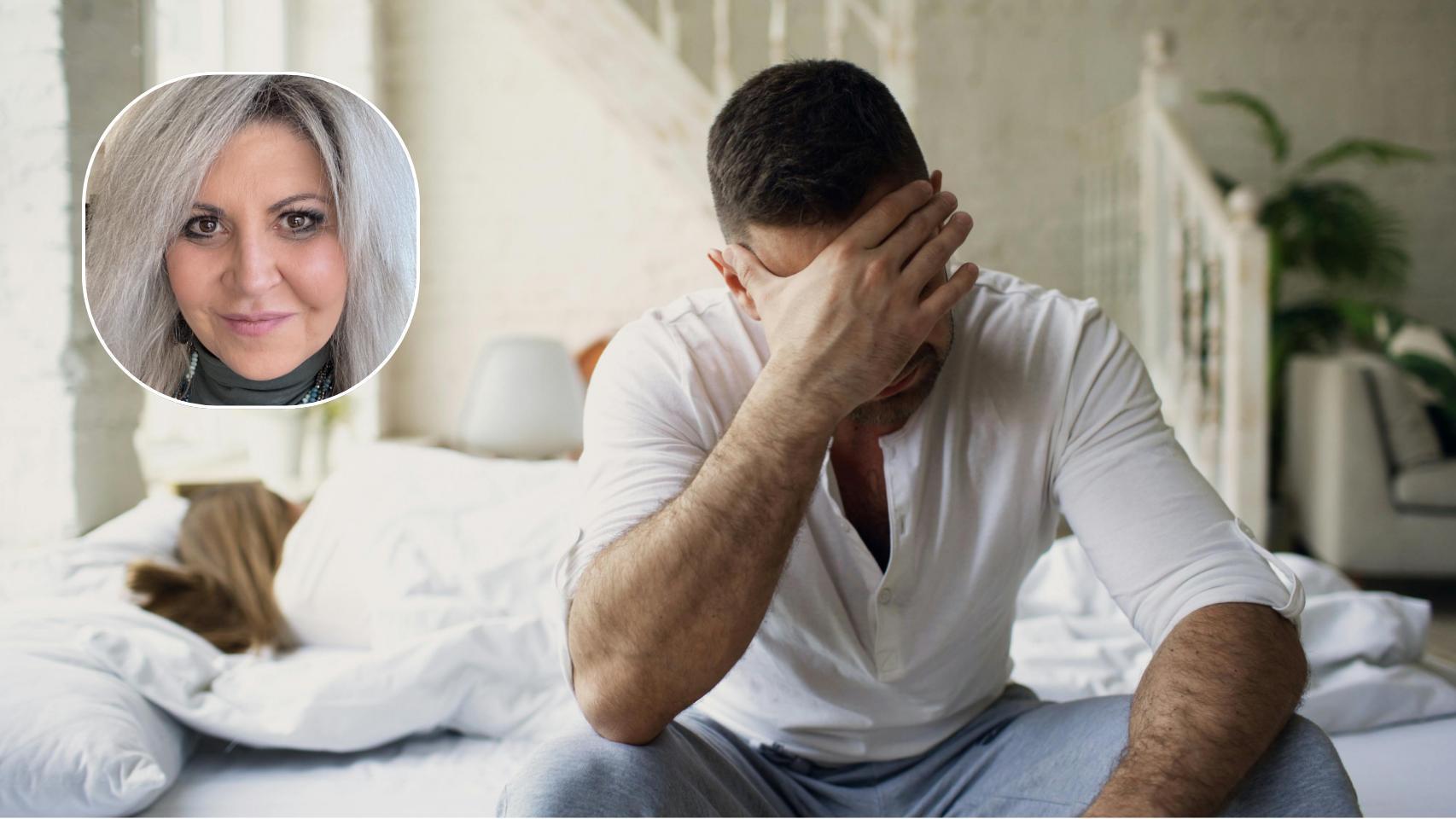 La psicóloga Ana M. Ángel Esteban y un hombre preocupado.