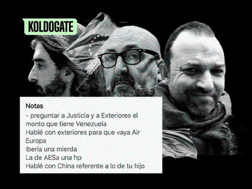 Javier Hidalgo, Koldo García, Víctor Ábalos y las banderas de Venezuela y China junta a una nota en la agenda del asesor de José Luis Ábalos.