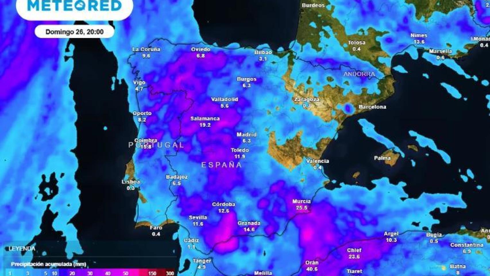 Precipitación acumulada durante el fin de semana. Foto: Meteored.