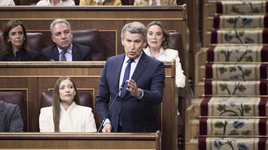 El líder del PP, Núñez Feijóo, interviene durante la sesión de control al Gobierno, este miércoles en el Congreso.
