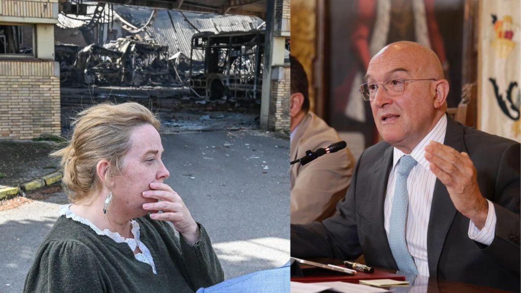 A la izquierda, la alcaldesa de Burgos, Cristina Ayala, muy preocupada a las puertas de la nave incendiada. A la derecha, el alcalde de Valladolid, Jesús Julio Carnero