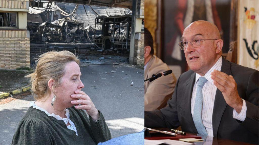 A la izquierda, la alcaldesa de Burgos, Cristina Ayala, muy preocupada a las puertas de la nave incendiada. A la derecha, el alcalde de Valladolid, Jesús Julio Carnero