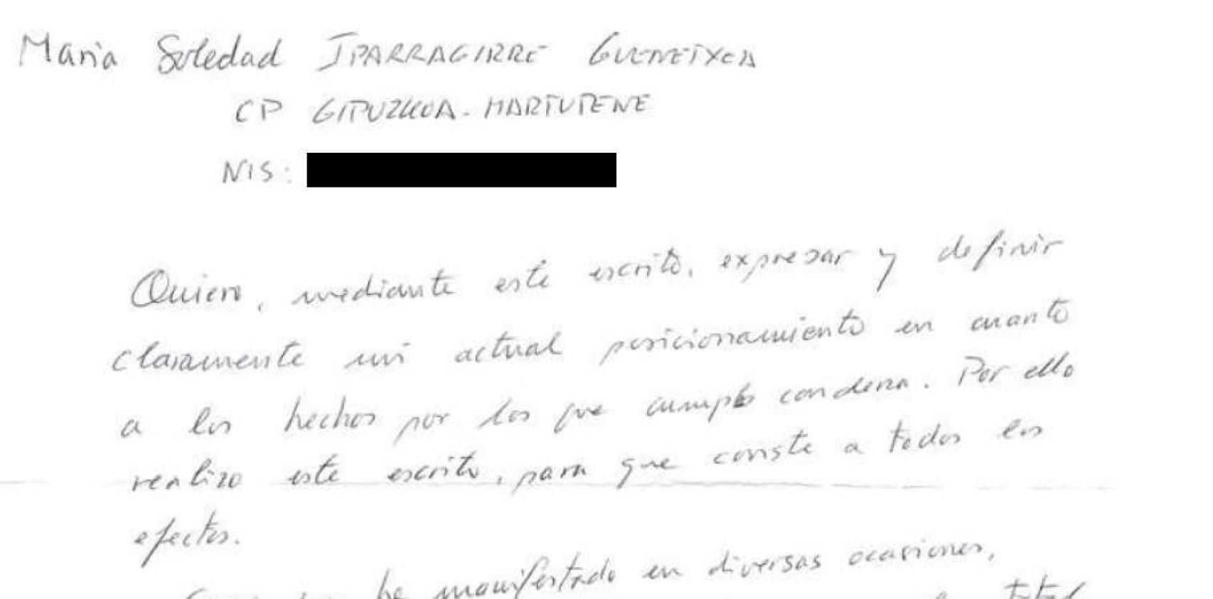 Encabezamiento de la carta de arrepentimiento de 'Anboto'.