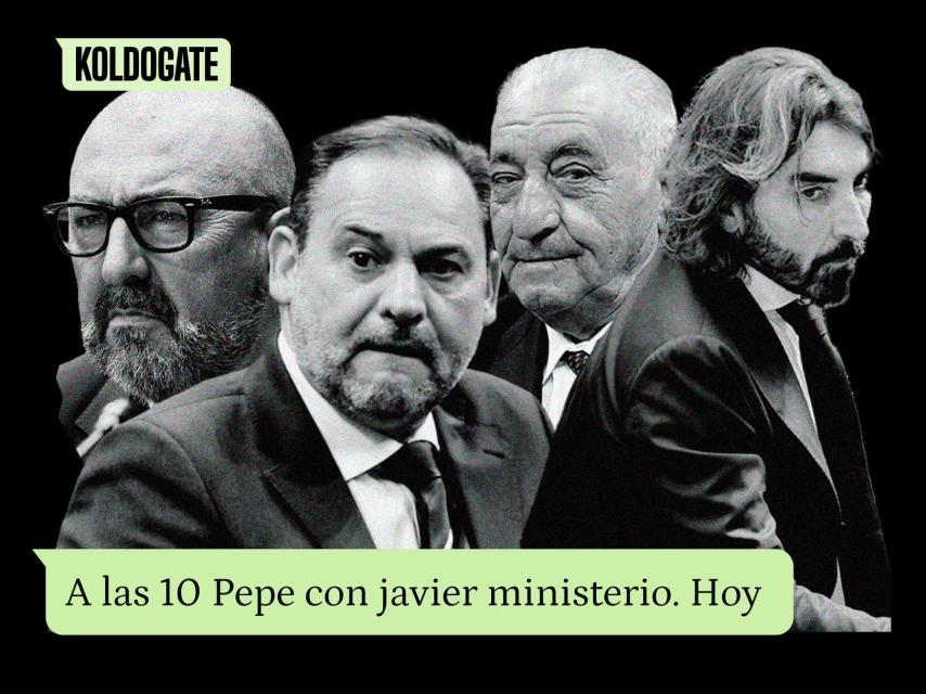 Koldo García, José Luis Ábalos, Pepe Hidalgo y Javier Hidalgo, junto al whatsapp enviado por el asesor del ministro.
