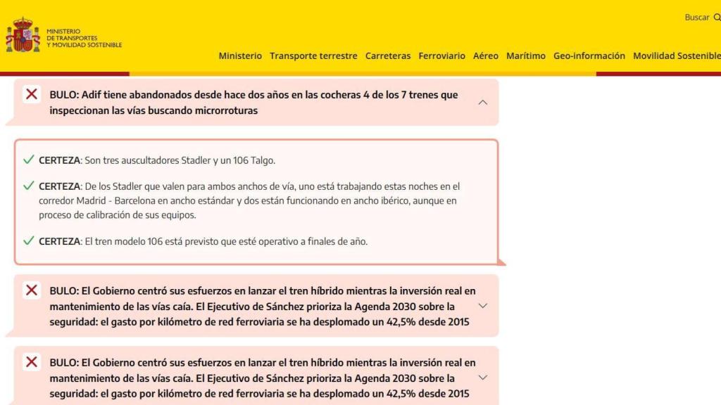 Pantallazo de la web 'Desmintiendo bulos' del Ministerio de Transportes y Movilidad Sostenible.