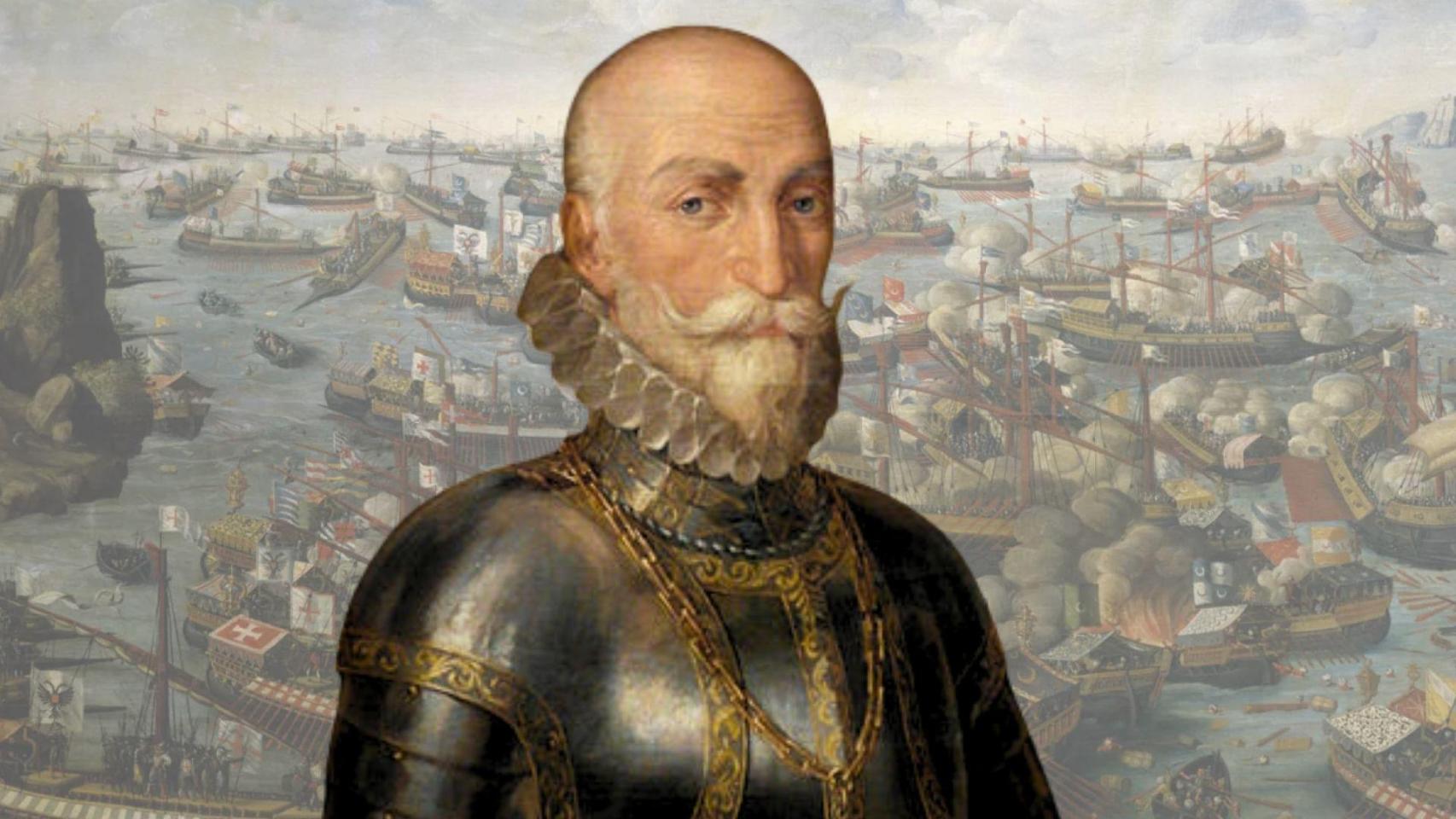 El almirante Álvaro de Bazán sobre una imagen de la batalla de Lepanto.jpg