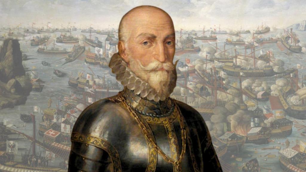 El almirante Álvaro de Bazán sobre una imagen de la batalla de Lepanto.jpg