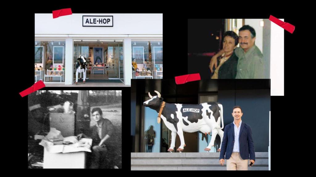 De izquierda a derecha y arriba a abajo: una tienda de Ale-Hop; Pepa Monfort y Vicente Grimalt, los fundadores; Vicente, de joven; y Darío Grimalt, de la segunda generación.