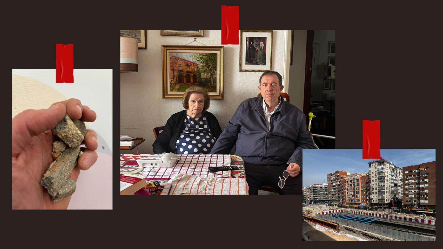 Montaje de fotos de las piezas que cayeron del edificio, Julio y Pilar y la obra.