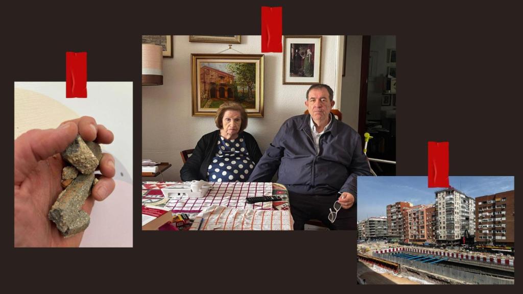 Montaje de fotos de las piezas que cayeron del edificio, Julio y Pilar y la obra.