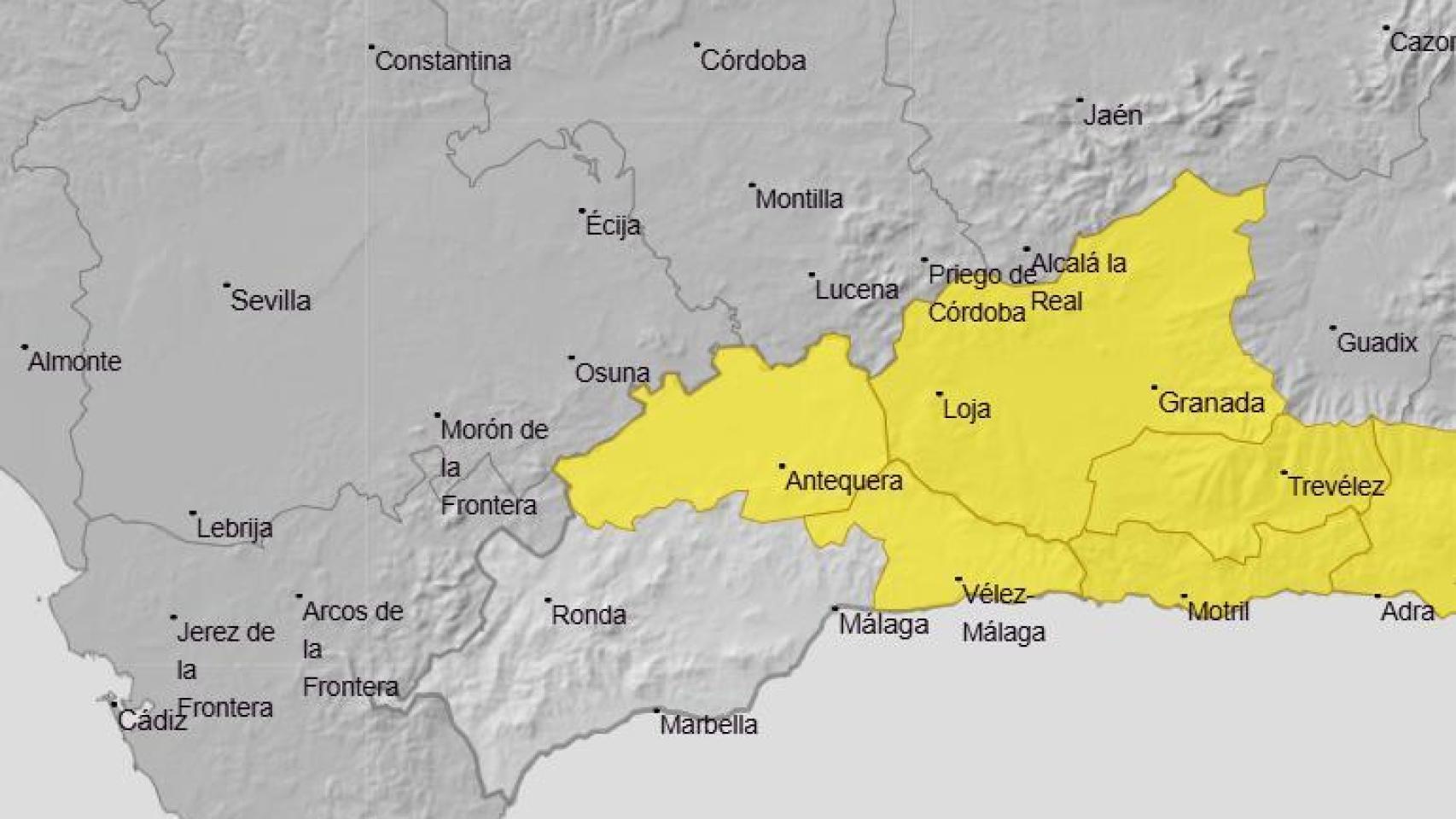 Mapa de la Aemet con el aviso amarillo para este viernes en la provincia de Málaga.