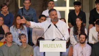 El presidente de Vox, Santiago Abascal, este jueves en Huelva.