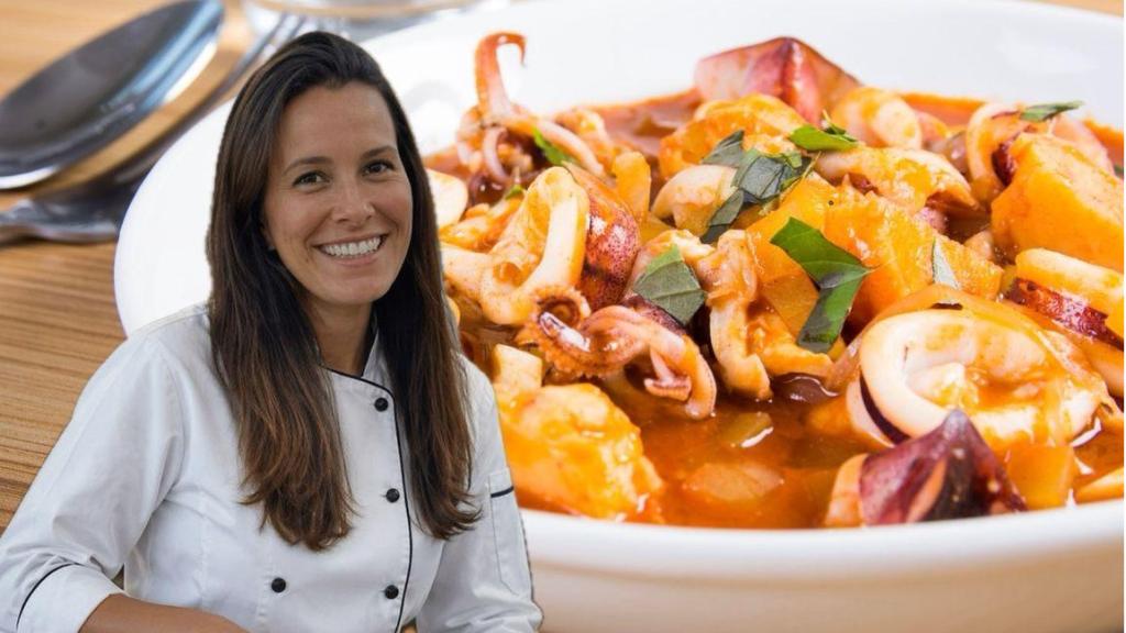 Celia, cocinera, junto a un guiso de patatas.