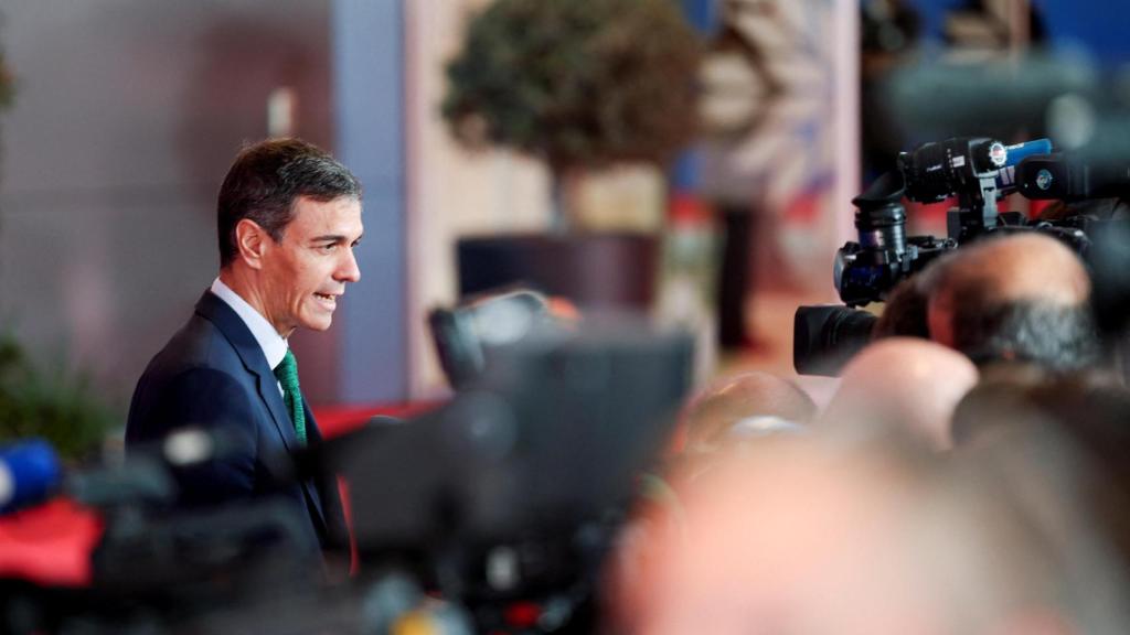 El presidente del Gobieno, Pedro Sánchez, durante su comparecencia este viernes en la cumbre de Chipre