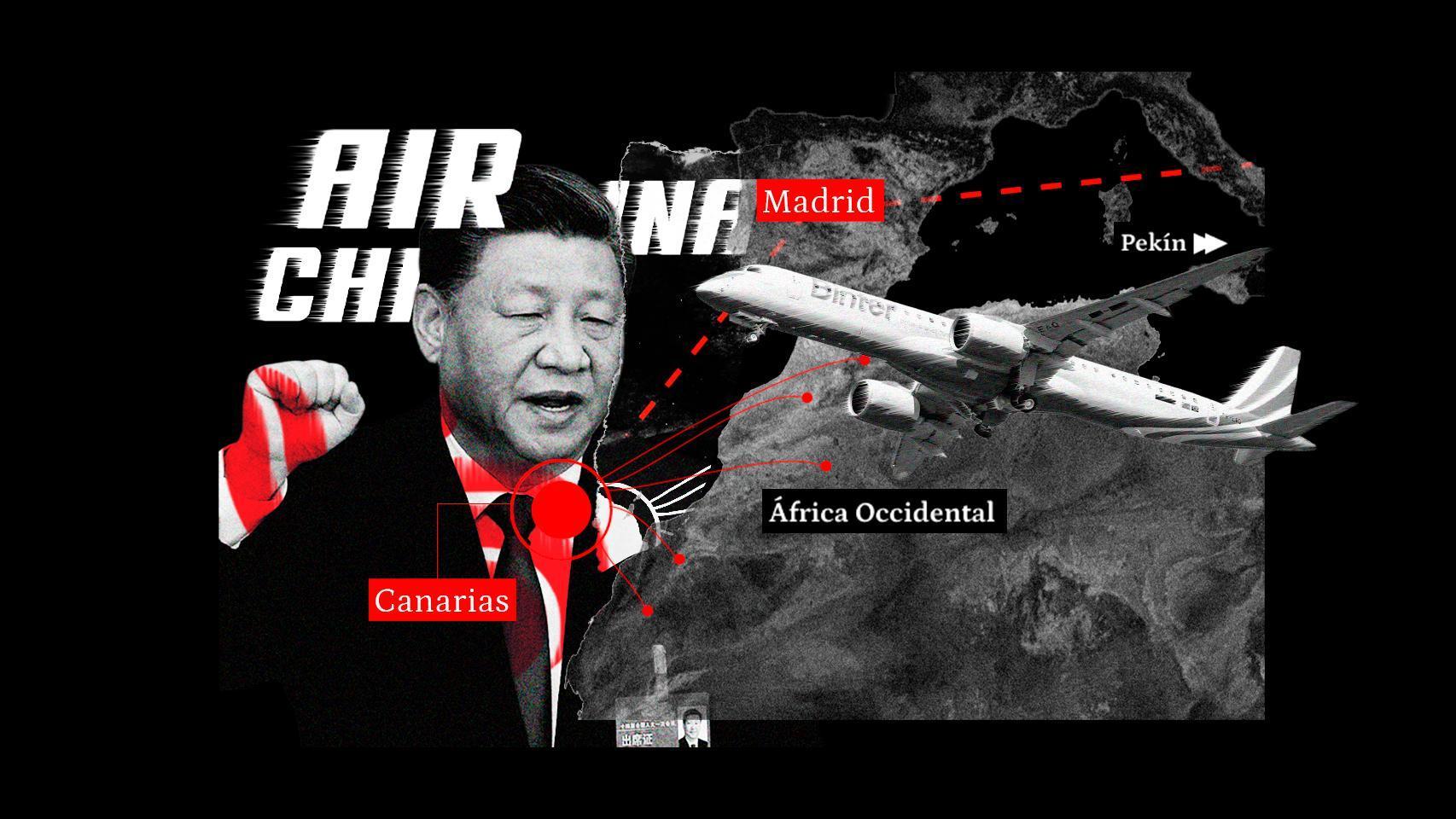 Xi Jinping, superpuesto al eje Pekín–Madrid–Canarias–África occidental, en una composición que ilustra cómo el archipiélago emerge como punto de tránsito en la red de conectividad impulsada por Air China, con Binter Canarias actuando como enlace regional hacia el continente africano.
