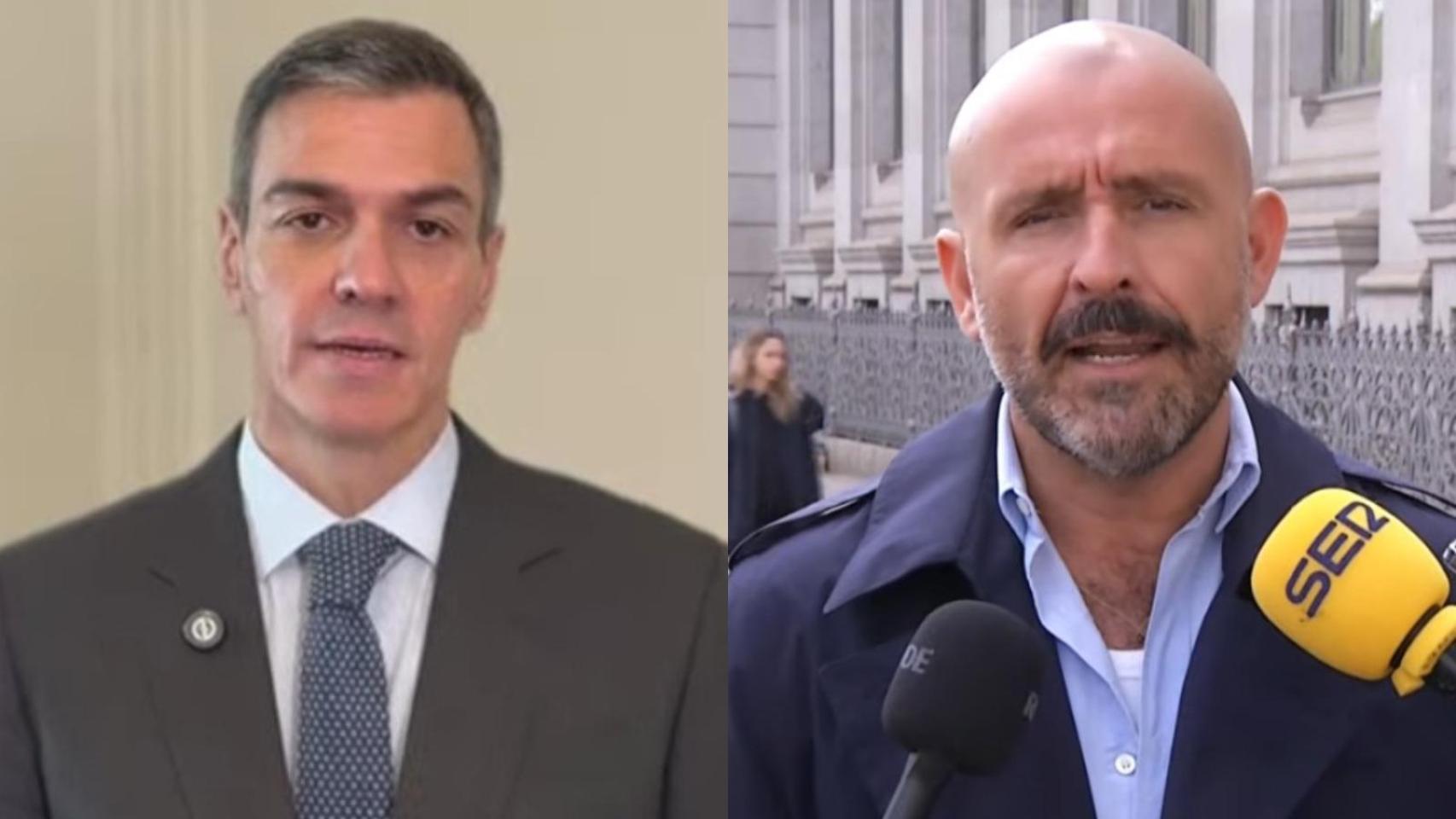 Pedro Sánchez (en un vídeo emitido este sábado en el Congreso del PSOE de Extramadura) y el diputado del PP Jaime de los Santos.