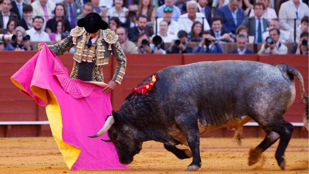 José Garrido lancea con la capa a un toro en Sevilla.