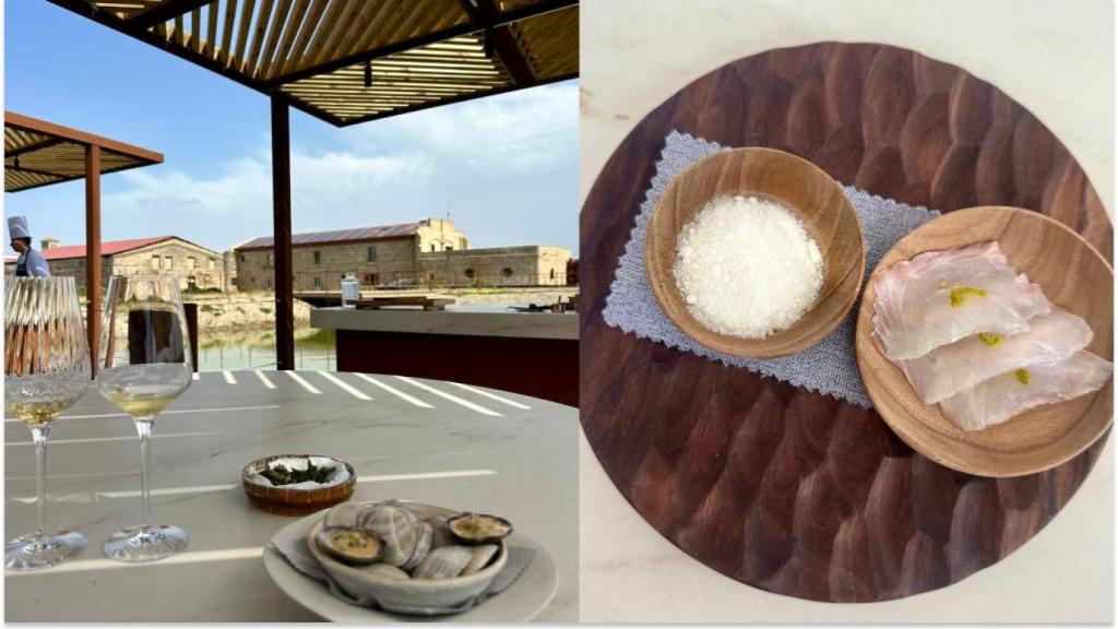 Izquierda: Almeja de fango a la marinera y camarón frito con plancton. Derecha: sashimi de dorada de estero.