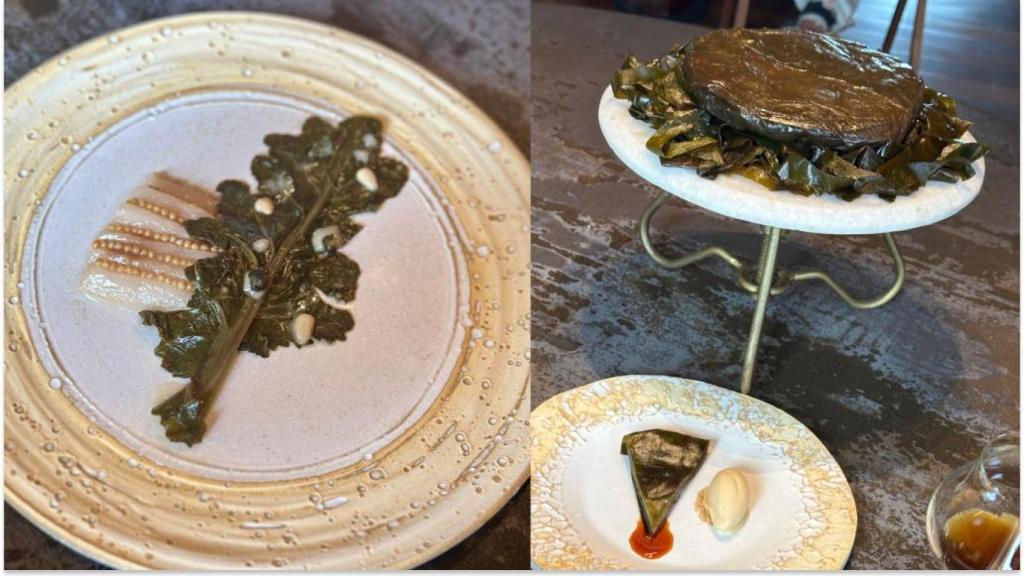 Izquierda: Col y papada. Derecha: tarta tatin de alga kombu.jpg