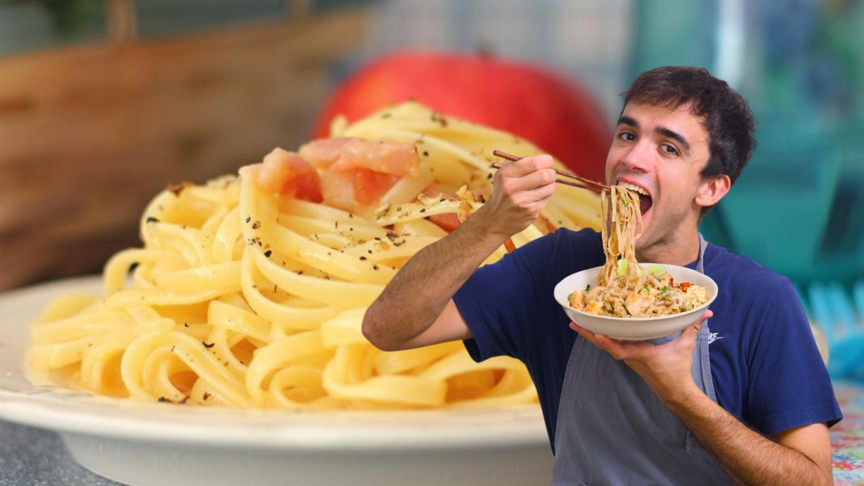 Unos espaguetis a la carbonara y Diego Domínguez.