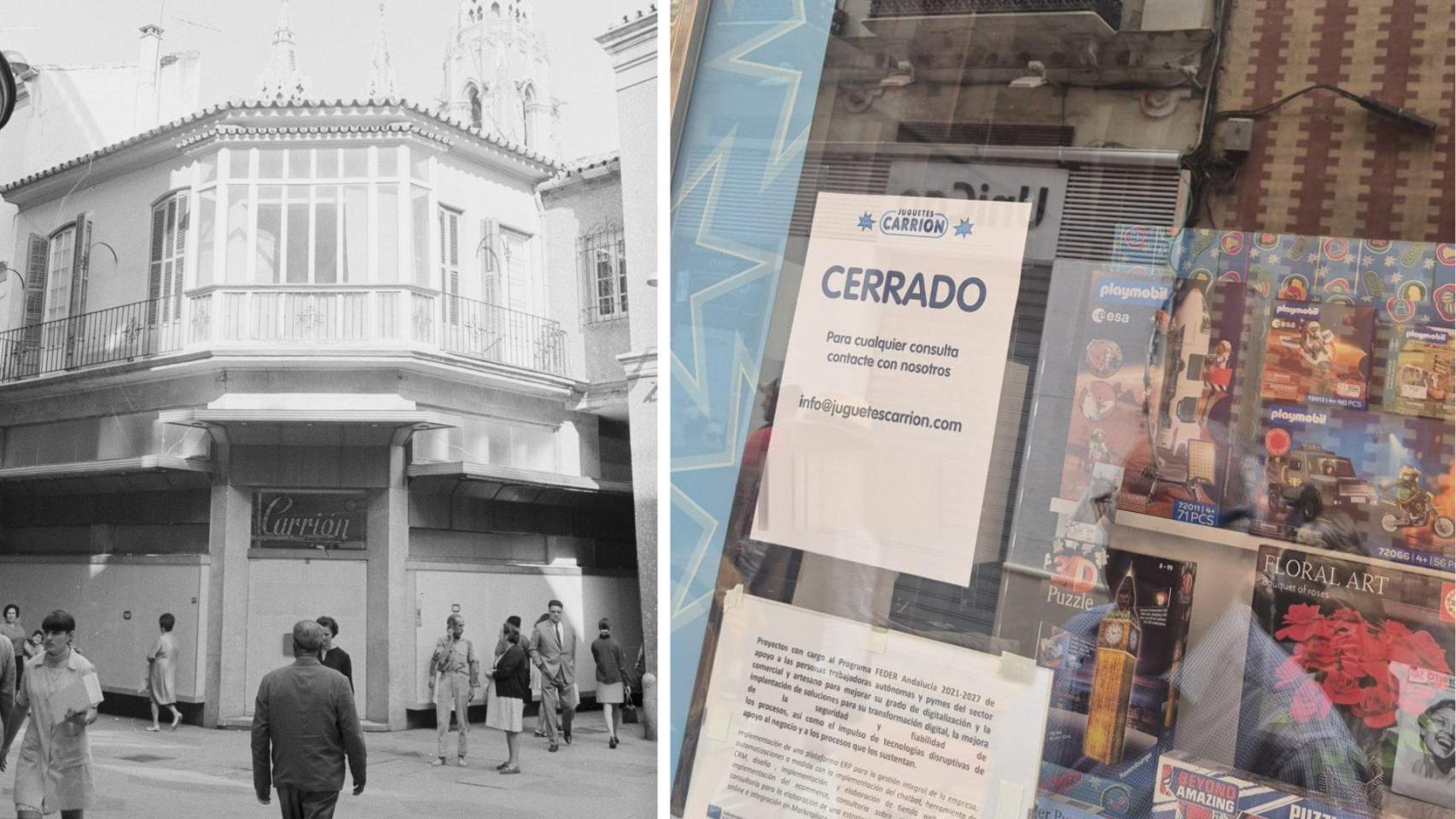 Una imagen de Carrión antigua, del Archivo Fotográfico de la UMA. A la derecha, la tienda de calle Nueva cerrada este martes.