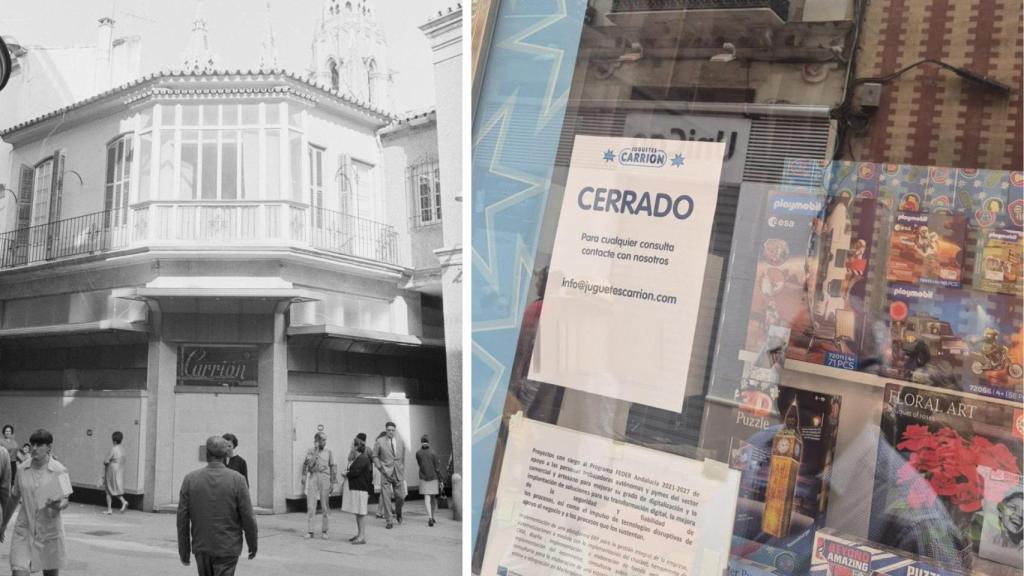 Una imagen de Carrión antigua, del Archivo Fotográfico de la UMA. A la derecha, la tienda de calle Nueva cerrada este martes.