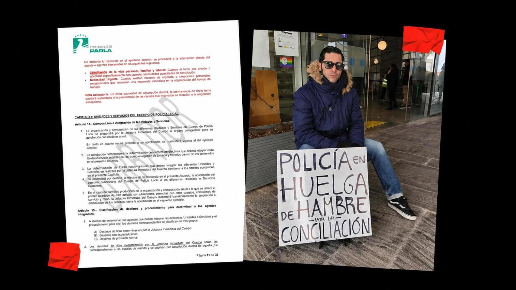 Collage con el borrador del convenio en el que se incluía la cláusula y una foto de Jorge Bravo durante su huelga de hambre el pasado mes de marzo.