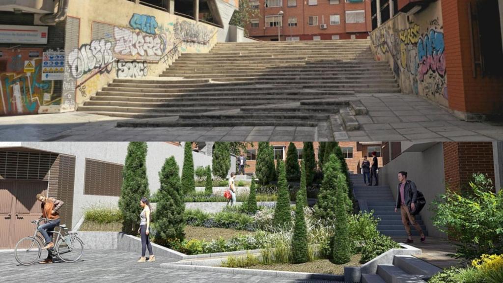 Imagen actual y la recreación de cómo será la zona, ubicada en un espacio del barrio de San Pascual.