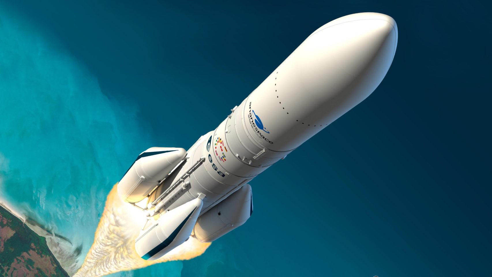 El cohete Ariane de la ESA en su configuración de 4 propulsores