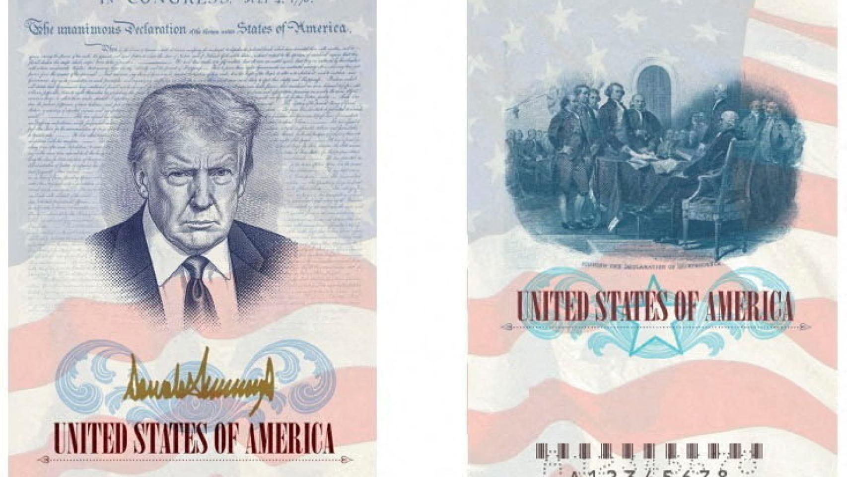 Imagen publicada por el Departamento de Estado donde se ve una representación de un pasaporte estadounidense con la imagen y la firma de Trump.