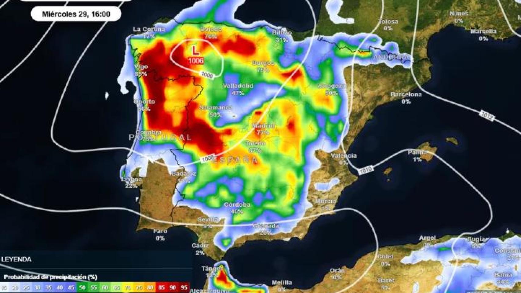 Probabilidad de precipitaciones este miércoles. Foto: Meteored. 