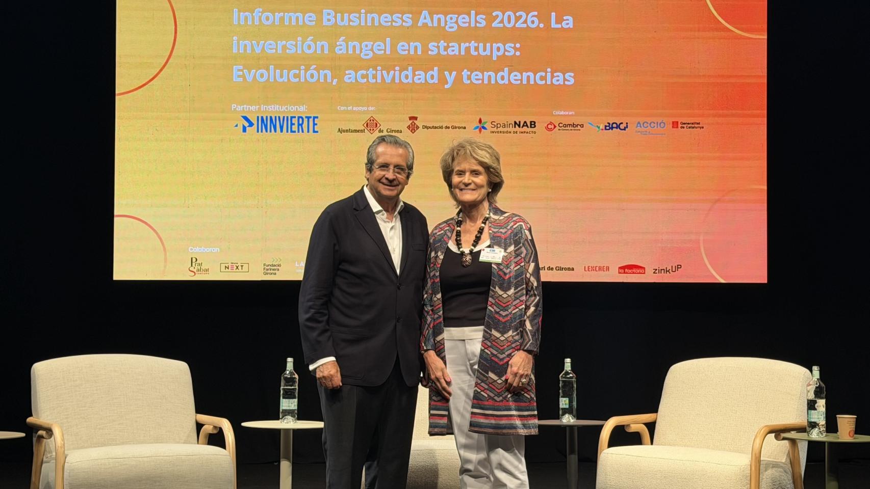 Juan Roure, director Académico del IESE Business School y Marta Huidobro, presidenta de AEBAN, en el congreso de la asociación de 'business angels'  españoles, celebrado este año en Girona.
